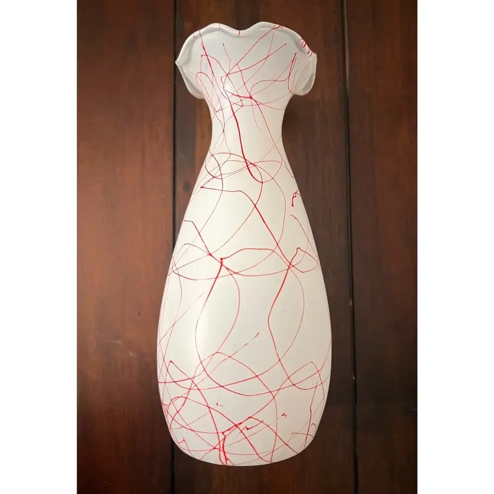 Vintage Hazel Atlas White Frosted Glass Vase, Red Spaghetti String Design, 1950s
